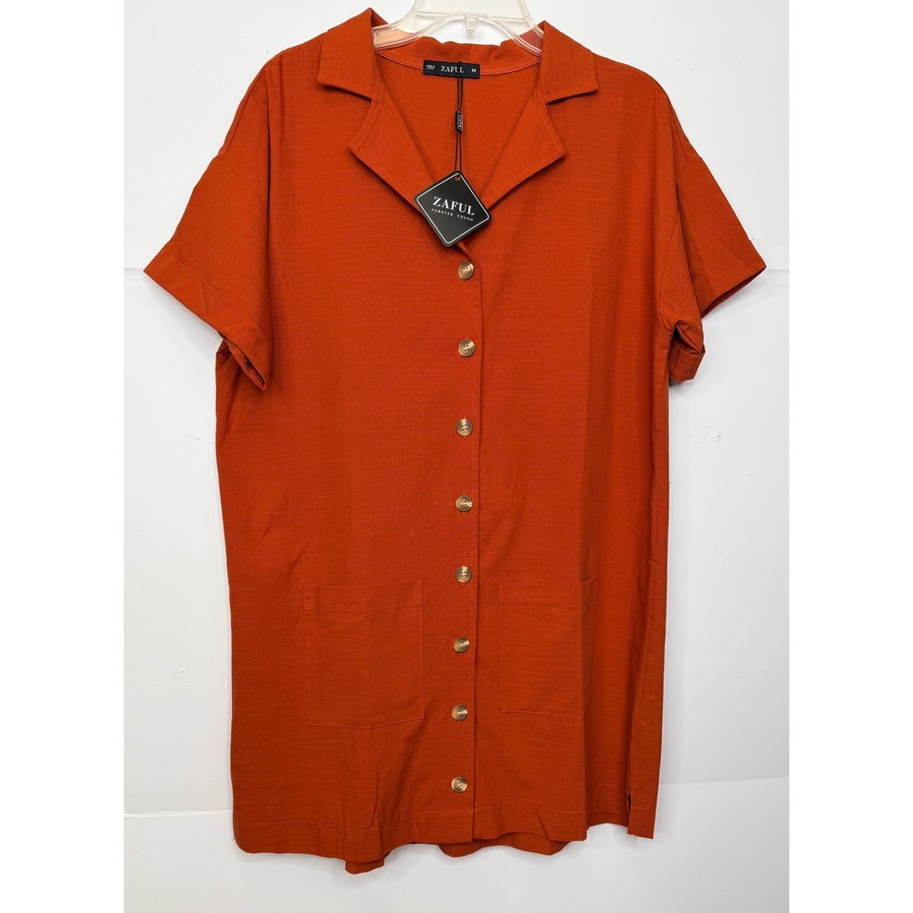 Button Down Midi Shirt Dress M Rust Short Sleeve‎ Pockets Resortwear Boho Safari